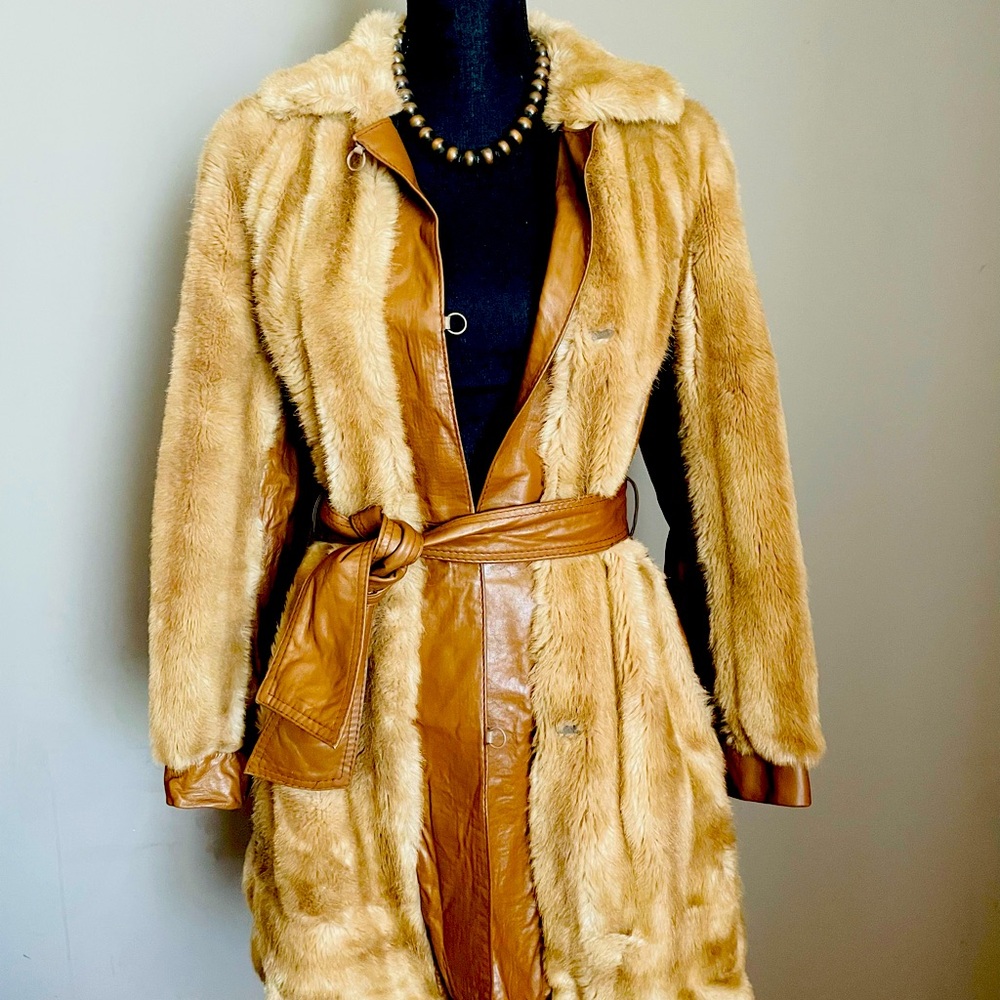Tissavel France RARE Vintage Faux Brown Fur and Leather Mid Length Jacket